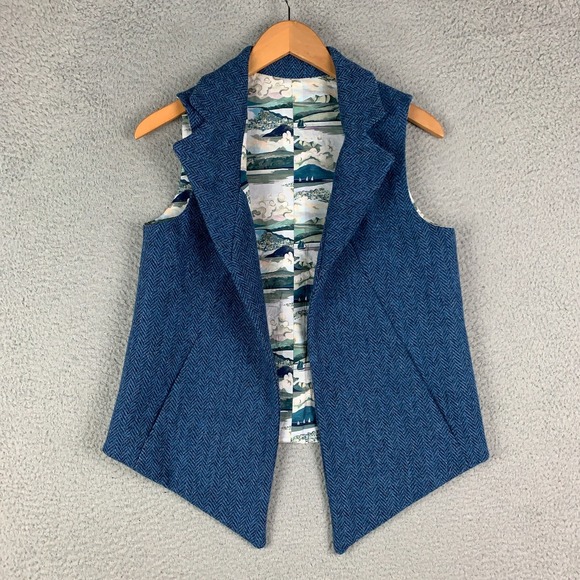 Harris Tweed Jackets & Blazers - Harris Tweed Vest Waistcoat Women's 4 Blue Herringbone Open Front Handwoven Wool